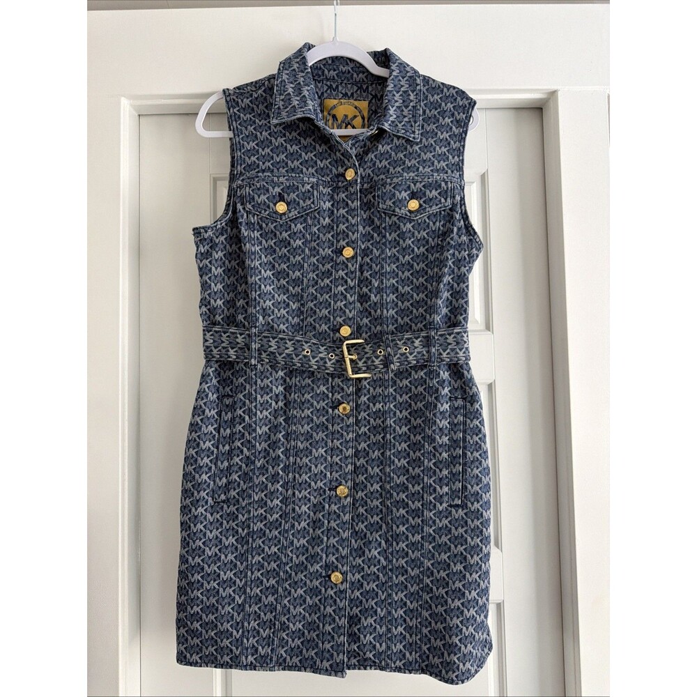 MICHAEL KORS Sleeveless Dress, Size 14, Denim Blue, All-over Print